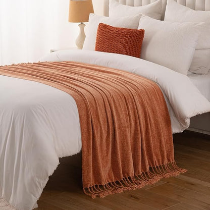 BATTILO HOME Fall Caramel Throw Blanket for Couch, Bed, Sofa - Soft Cozy Rust Orange Chenille Throw with Fringe Tassels, Lightweight Fall Knit Throw for Fall Decor, 50"x60"