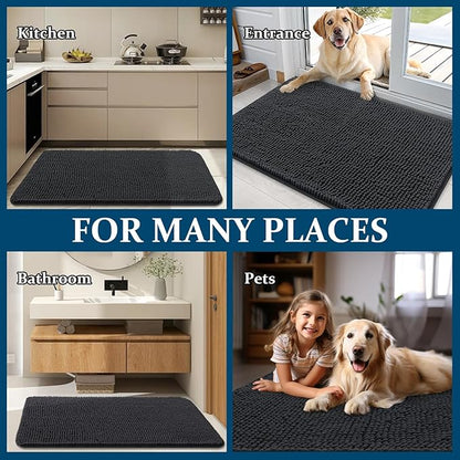 OLANLY Dog Door Mat for Muddy Paws 44x24, Absorbs Moisture and Dirt, Absorbent Non-Slip Washable Doormat, Quick Dry Chenille Mud Mat for Dogs, Entry Indoor Entryway Carpet for Inside Floor, Dark Grey