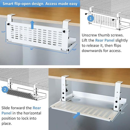 AEONS Universal Under Desk Cable Management Tray-Clamp Mount Hinged Swing Modesty Panel Organizer for Office Desks Easy Access Flip-Down position Power Strip Cord Storage No-Drill 25 lb Capacity White