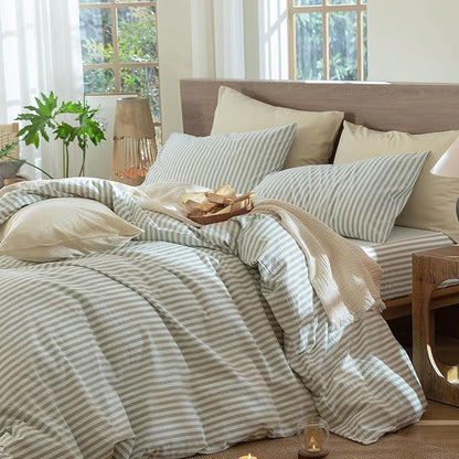MooMee Striped Duvet Cover Set 100% Washed Cotton Linen Like Textured Breathable Durable Soft Comfy (Sage Green White Classic Stripes, Twin 68"x90")