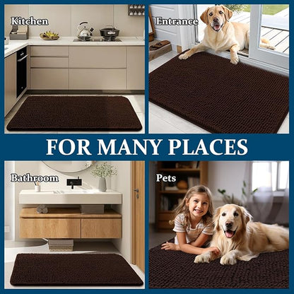 OLANLY Dog Door Mat for Muddy Paws 47x20, Absorbs Moisture and Dirt, Absorbent Non-Slip Washable Doormat, Quick Dry Chenille Mud Mat for Dogs, Entry Indoor Entryway Carpet for Inside Floor, Brown