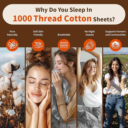 LBRO2M 1000 Thread Count 100% Egyptian Cotton Sheets Set 6 Piece Sets Queen Bed Sheet Deep Pocket Sheet Set 16" Soft Comfortable All Season (Queen, Gray)