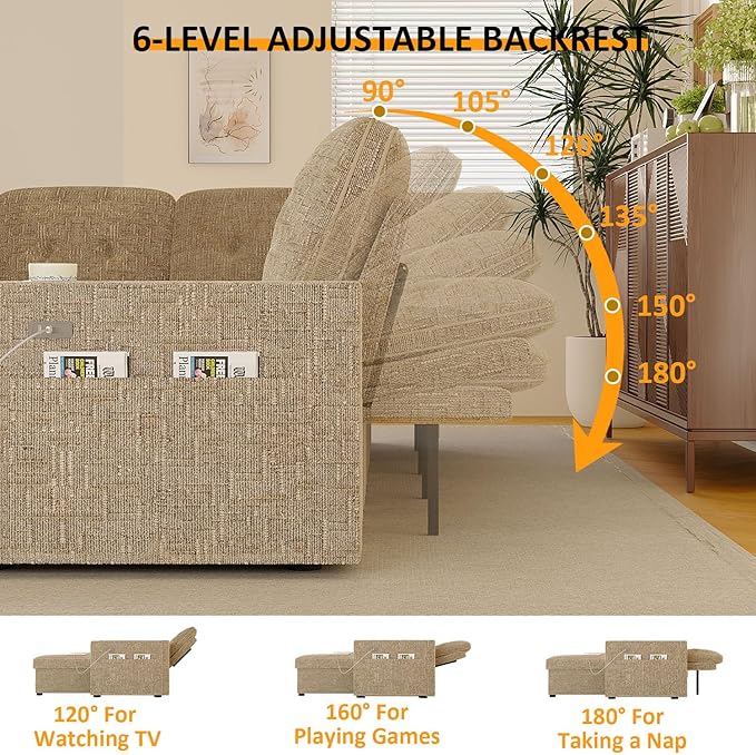 Modular Sectional Sleeper Sofa with Pull Out Bed, 108 Inch U Shaped 7 Seat Sectional Couches for Living Room, Sofa Bed with Adjustable Backrest | Hidden Storage | Wide Armrest | Khaki
