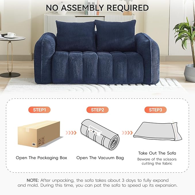 66'' Boneless Corduroy Loveseat Sofa, 2 Seater Tufted Deep Seat Couch with Rounded Armrest, Upholstered Cloud Couch for Living Room, Bedroom, No Assembly, Navy