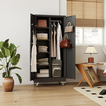 27.6 in Wide Garage Storage Cabinet with Wheels, Metal Storage Cabinet with Pegboards and 4 Adjustable Shelves, Garage Storage System with Lockable Door for Offices, Gyms and Pantries, Black