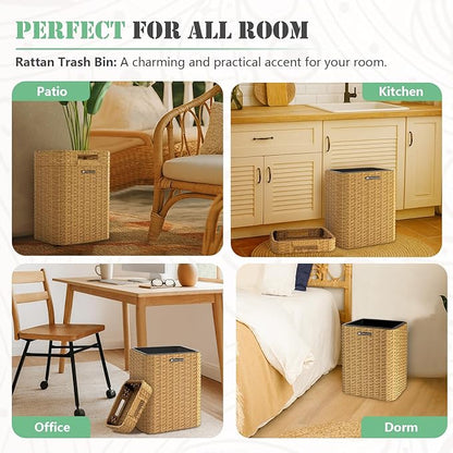 Ypati Rattan Trash Can with Lid, Wicker Bathroom Garbage Bin with Removeable Liner, 4 Gallon Small Waste Basket for Home, Outdoor Patio, Dorm, Office, Boho Decor, with Trash Bags, Tan Yellow, Eureka