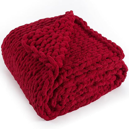 Chunky Knit Throw Blanket 50"X 60", 100% Handmade with Soft Chenille Yarn, 4.4lbs Thick Cable Knitted Blankets, Large Rope Knot Crochet Throws for Couch Sofa Bed Home Decor, Red