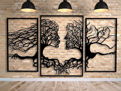 VAILLA Tree of Life Wall Wooden Art Abstract Tree Man Woman Face Large 3D Wooden Wall Decor Set of 3 Hanging Sculpture Modern Home Decoration 3D Textured Sculptures for Living Room Bedroom Office Dinnig Room