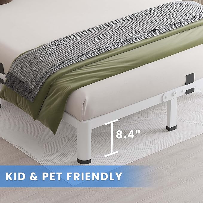 MAF 10 Inch Queen Size Bed Frame White with Round Corner Legs Mattress Slide Stopper No Box Spring Needed Heavy Duty Metal Platform Bed Frames Under-Bed Storage Space, 3000 LBS Steel Slats Support