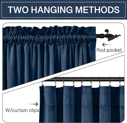 StangH Rod Pocket Velvet Curtains 90 inches Long Navy Blue Blackout Thermal Insulated Window Treatment Heavy Thick Privacy Home Decor for Office/Sliding Door, W42 x L90, 2 Panels