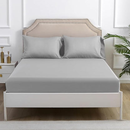 Linen World Lyocell Cooling Bed Sheets Set Queen Size,100% Organically Grown Viscose Sheets,Deep Pocket Up to 16",4 Pieces Silky Soft,Breathable Bedding Sheets & Pillowcases(Light Gray,Queen)