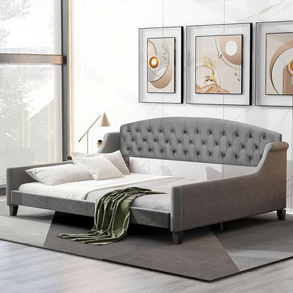 Favfurish Full Size Modern Luxury Tufted Button Daybed, Stylish Wood Upholstered Day Bed,No Box Spring Required, Easy Assembly,for Bedroom,Living Room and Guest Room,Den,Office,Gray