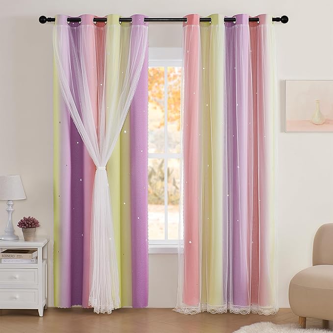 XiDi Curtains for Bedroom Decor, Rainbow Pink PurpleYellow34/96/1