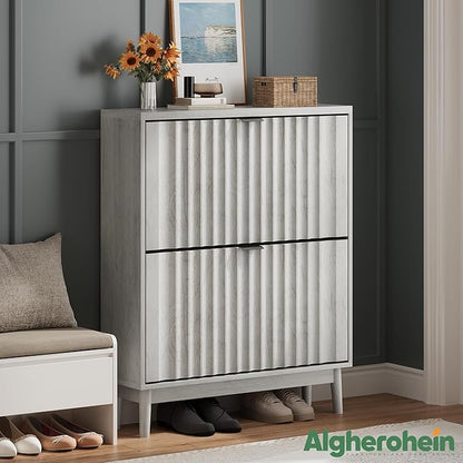Shoe Storage Cabinet with 2 Flip Drawers, Walnut Fluted Narrow for Entryway, Slim Shoe Rack Cabinet Organizer 31.5in (Gray)