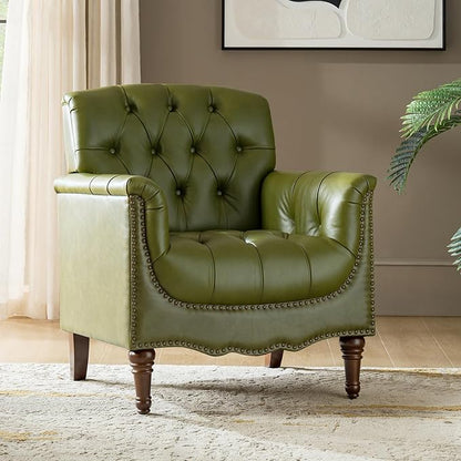 HULALA HOME Mid Century Modern Leather Club Chairs, Top-Grain Genuine Leather Armchairs with Button-Tufted Back & Solid Wood Legs, Accent Chairs for Living Room/Bedroom/Home Office, Olive