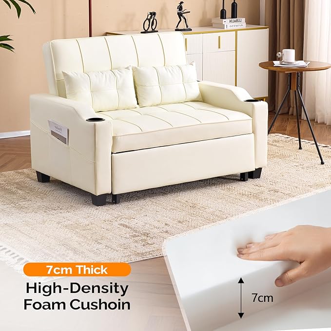 VINGLI Beige Loveseat Sleeper Sofa, Convertible Futon Sofa Bed Faux Leather Pullout Couch Bed with USB Ports, Cup Holders, Armrest for Living Room, Bedroom, Home Office Apartment