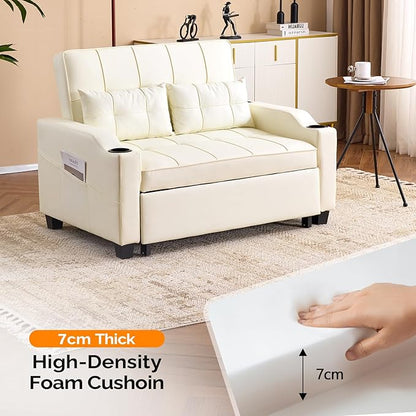 VINGLI Beige Loveseat Sleeper Sofa, Convertible Futon Sofa Bed Faux Leather Pullout Couch Bed with USB Ports, Cup Holders, Armrest for Living Room, Bedroom, Home Office Apartment