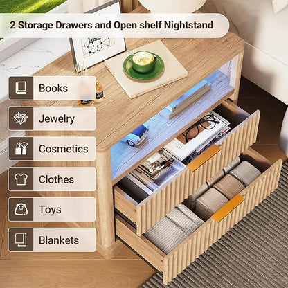 ELYKEN Wood Fluted Nightstand Set of 2, 24" Wide Night Stand with Charging Station & LED Lights, 2 Pack Bedside Table with 2 Drawers and USB & Type-C Port for Bedroom
