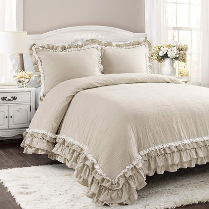 Lush Decor Ella Ruffle Lace Comforter, 3 Piece Set, King, Neutral - Cute Comforter - King Bedding Set - Beige Bedding - Coquette Decor - Beige Lace Trim - Ruffle Trim