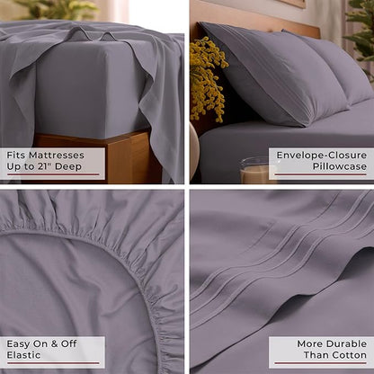 Mellanni King Sheet Set - 6-Piece Iconic Collection Bedding, (Including 4 Pillowcases), 21-Inch Extra Deep Pocket, Easy Care, Ultra Soft, Cooling Sheets, Brushed Microfiber - Hazy Lilac