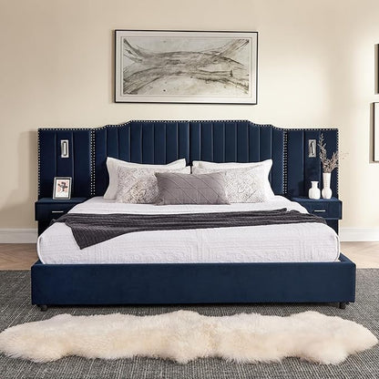 King Size Bed Frame with Storage, Luxury King Platform Bed Frame with Headboard, Velvet Fabric Upholstered Bedframe with LED Lights, Solid Frame & Bedside Table,No Box Spring Needed,Dark Blue