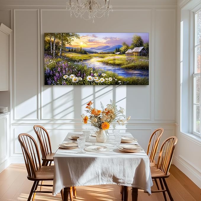 SERIMINO Large Wall Art for Living Room, River Landscape Wall Art, Meadow Wildflower Canvas Art Prints, Countryside Sunset Paintings Wall Decor for Bedroom, Farmhouse Kitchen Decor Pictures 29"X57"