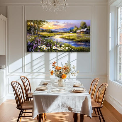 SERIMINO Large Wall Art for Living Room, River Landscape Wall Art, Meadow Wildflower Canvas Art Prints, Countryside Sunset Paintings Wall Decor for Bedroom, Farmhouse Kitchen Decor Pictures 29"X57"