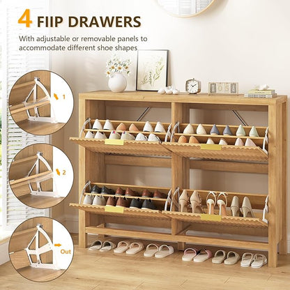 Shoe Cabinet Storage for Entryway, Fluted Shoe Cabinet with 4 Flip Drawers, Hidden Shoe Rack Freestanding Wooden Shoe Organizer with Legs for Hallway, Oak