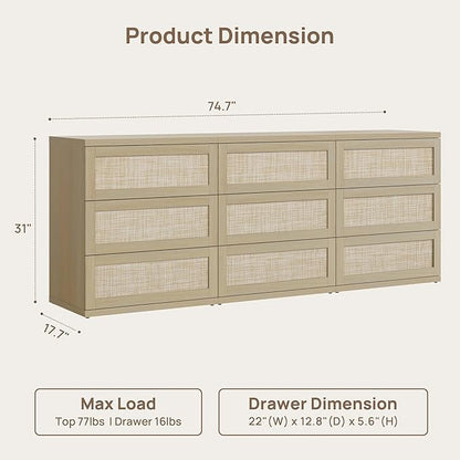 SICOTAS Dresser for Bedroom - 75" Wide 9 Drawer Dresser Rattan Dressers & Chests of Drawers Boho Drawers for Bedroom Bedside Table Clothes Long Closet Storage for Closet Hallway Entryway