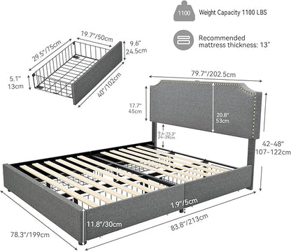 YITAHOME King Bed Frame with 4 Storage Drawers, Upholstered Platform Bed Frame with Adjustable Rivet-Trimmed Headboard, USB & Type-C Charging Ports, Wooden Slats, Easy to Assemble (Gray)