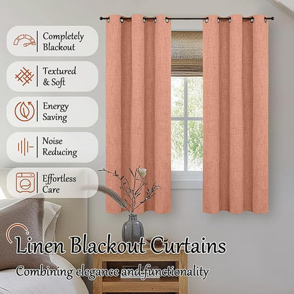 Linen Blackout Curtains for Bedroom Narrow Window, 38 Inch Wide Thermal Insulated Light Blocking Privacy Small Curtains for Basement Fall Living Room, 38x63 Inch 2 Panels, Terracotta