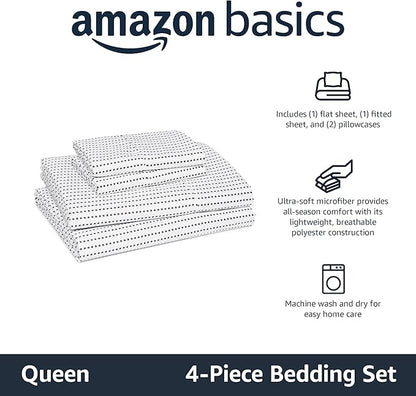 Amazon Basics Lightweight Microfiber 4-Piece Bed Sheet Set, Plum, Printed, Queen