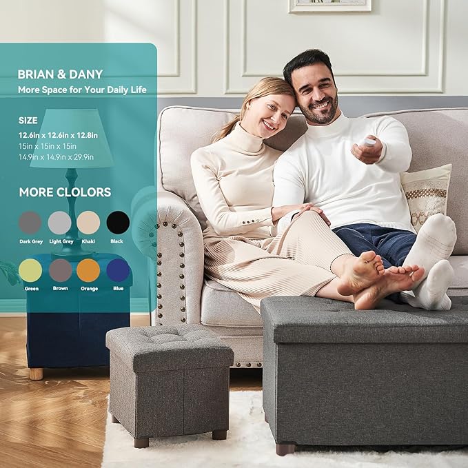 BRIAN & DANY Small Ottoman with Storage, Small Storage Ottoman, Folding Foot Stool with Wood Legs for Living Room and Bedroom Linen Rest Seat, 12.6"x12.6"x12.8" - Gray