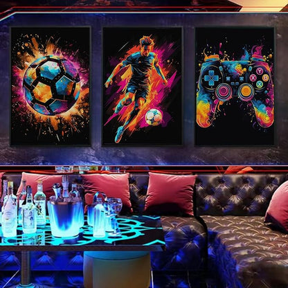 Canvas Wall Art Poster Decor, Paintings Art Game Controller Color Splash Ink Canvas Painting, Posters for Room Aesthetic, Soccer Wall Art for Boys Room Decor 12x16 - Unframed Set of 3