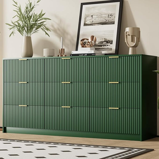 Green Dresser for Bedroom, Modern Dresser with 9 Drawers and Smooth Slides, Wide Chest of Drawers with Golden Handles for Bedroom, Living Room, Closet, 15.7" D x 63" W x 31.5" H