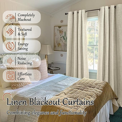 Blackout Curtains for Bedroom - Linen Black Out Curtains 84 Inch Long Thermal Insulated Burlap Grommet Window Drapes for Farmhouse Living Room Darkening, 2 Panels, Each 52" Wide, Natural Cream