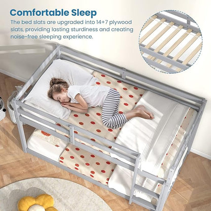 KOMFOTT Low Bunk Bed Twin Over Twin, Solid Wood Bunk Bed Frame with Built-in Ladder & Safety Guardrails, Space-Saving Low Bunk Bed for Kids, Teens, No Box Spring Needed