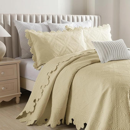 MarCielo 3-Piece 100% Cotton Oversized Bedspread Lightweight Quilt Coverlet Embroidery Farmhouse Bedding Set (Tk Beige Khaki, Oversized King (118"x106"))