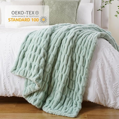 BATTILO HOME Faux Fur Throw Blanket for Couch, Super Soft Cozy Blanket, Double Side Ruched Rabbit Fur Blanket for Bed, Living Room, 60"x80", Sage Green