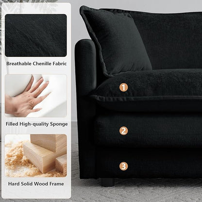 mikibama 41.4 Inch Single Seat Sofa, Chenille Comfy Deep Upholstered Couch Armchair with Toss Pillow for Living Room Bedroom Office Apartment, Black