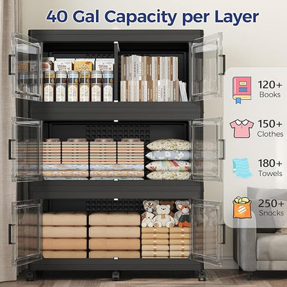 160GAL Storage Bins with Lid and Wheels, Stackable Closet Organizers and Storage Drawer, Collapsible Storage Box with Dividers, Foldable Plastic Cabinets for Room, Kitchen, 4 Pack Black