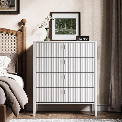 White 4 Drawer Dresser, Modern Chest of Drawers for Bedroom, Wood Fluted Dresser Organizer with Deep Drawers for Clothes, Nightstand for Bedroom, Hallway, Living Room, Entryway