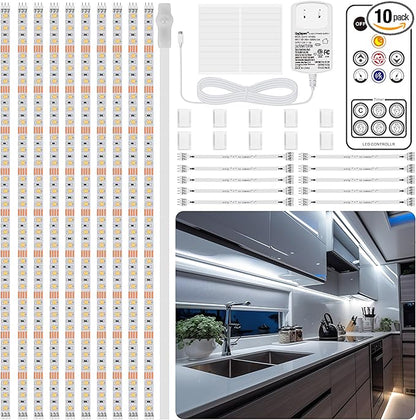 LAFULIT 10 PCS Under Cabinet Lights Kit, Motion Sensor LED Strip Lights with Remote, Dimmable and Timer White Counter Lights for Kitchen Cabinets, Cupboards, Closets, Stairs, Shelf, Desk, and Bed