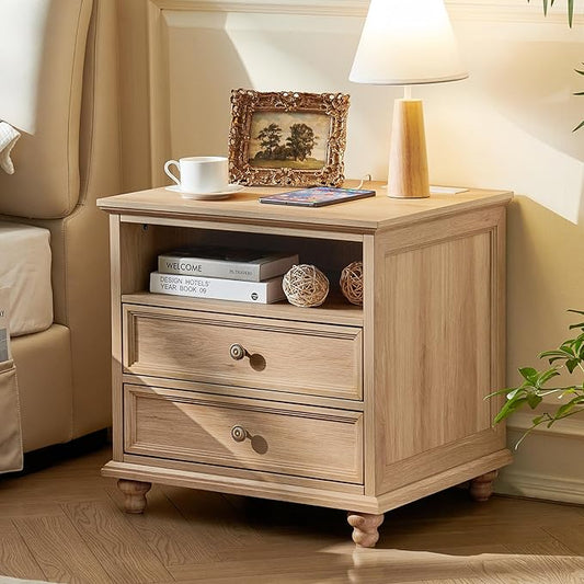 24" Wide Farmhouse Nightstand with Charging Station, End Table with 2 Drawers, Natural Wood Dresser for Bedroom Cabinet, Bed Side Table Chest of Drawers, Night Stand for Living Room, Closet
