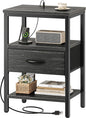 SUPERJARE Nightstand with Charging Station, Bed Side Table with Adjustable Fabric Drawer, Night Stand for Bedroom, 3-Tier Storage End Table, for Living Room, Charcoal Black Wood Grain Print