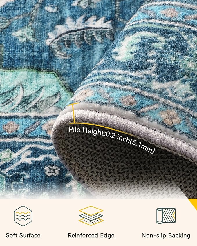 Area Rugs 4'x5' Washable Non-Slip, Floral Vintage Distress Print Pattern Medallion Carpet for Living Room Bedroom Dining Room, Teal Green Lake Blue Turquoise