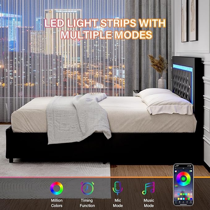 BarnFurin Queen Bed Frame with LED Lights, Upholstered Bed Frame with Storage Drawers, Modern Platform Bed with Diamond Headboard and Footboard, No Box Spring Needed, Black