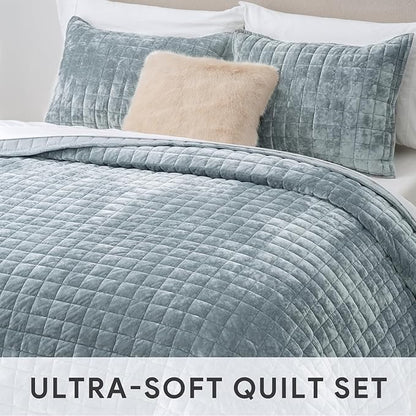 RECYCO Luxury Velvet Quilt Set Twin/Twin XL Size Bedding Sets, Ultra Soft Velvet Comforter Set, Lightweight Channel Box Stitch Oversized Bedspread Coverlet for All Season, with 1 Sham, Blue Linen