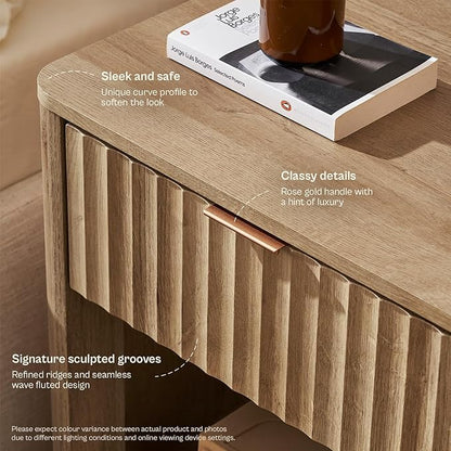 mopio Brooklyn Fluted Nightstand, Modern Farmhouse Nightstand, Small Side, Wood Bedside Table with Drawer, End Table with Storage, Fluted Night Stand, Curved Profile (Golden Oak, Single)