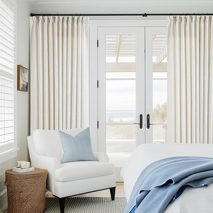 102 Inch Long Curtains Extra Wide 70 Inch Width Pinch Pleat Linen Curtains for Living Room Cream Light Filtering Privacy Pleated Hooks Rings Back Tab for Sliding Door 1 Panel